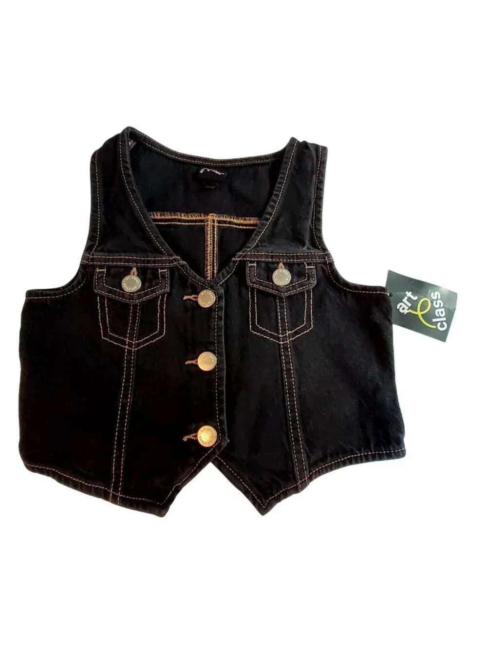Art Class Kids Black Denim Button-Up Vest S (6/7) Two functional front pockets